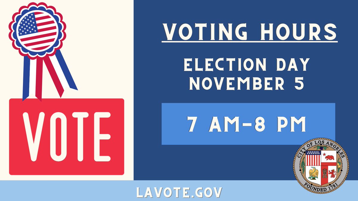 Vote Centers will open early and stay open an hour later on #ElectionDay for your convenience. All ballots MUST be postmarked and returned by Election Day.

Find a Vote Center or Ballot Drop Box near you at lavote.gov. #LAVotes