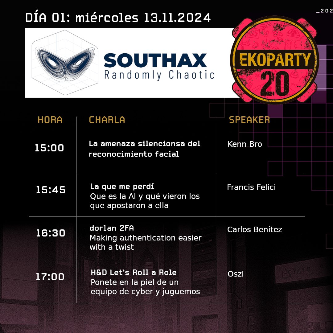 Nuestro cronograma para la <a href="/ekoparty/">Ekoparty | Hacking everything</a> 

<a href="/ch4r1i3b/">ch4r1i3b</a> <a href="/tatakofelici/">Francis</a> <a href="/_ozsi_/">🆂🅸🅾🆉2️⃣</a> <a href="/kennbroorg/">kennbro</a>