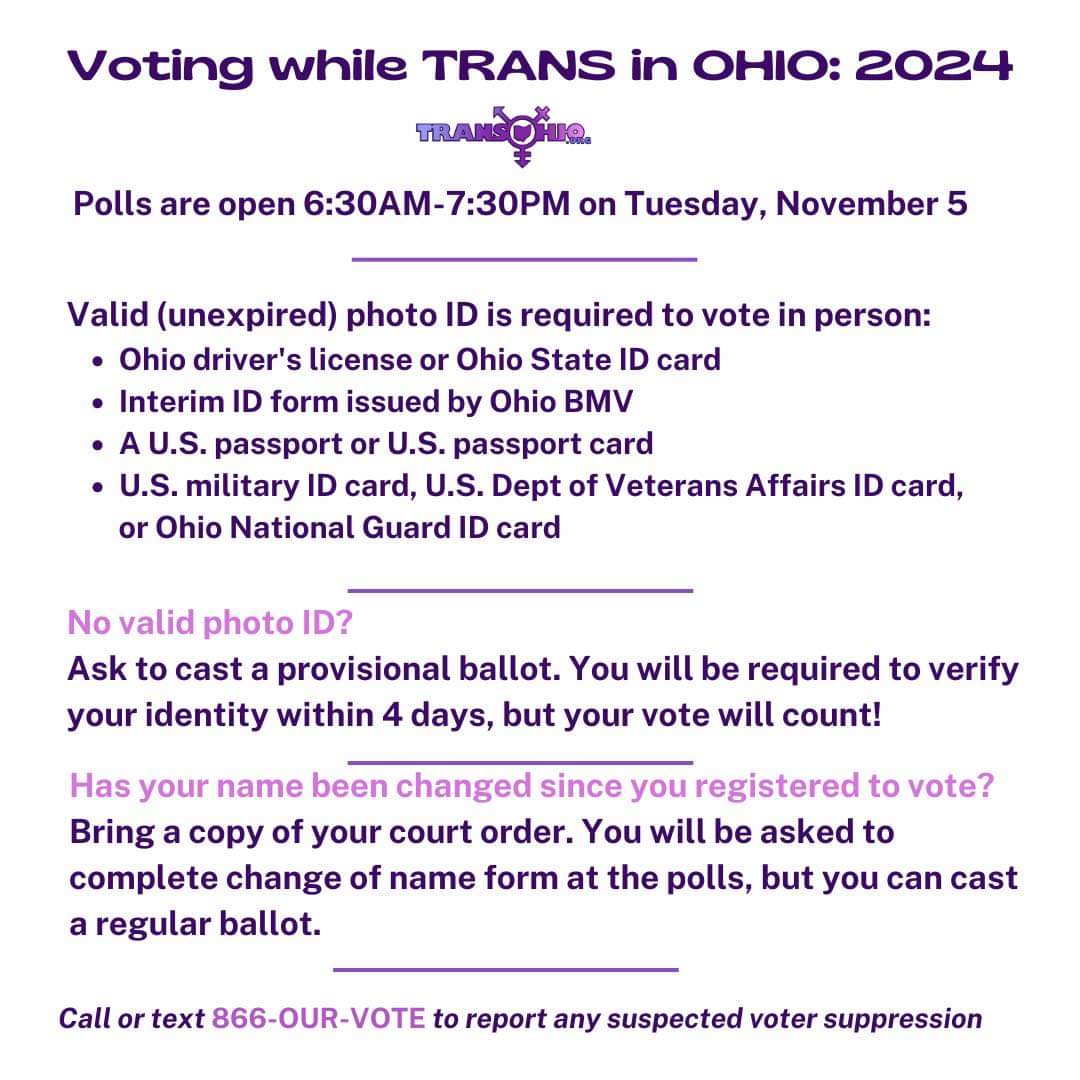 Voting while TRANS in OHIO: 2024

Polls open 6:30AM-7:30PM TODAY 11/5/24

Valid (unexpired) photo ID is required to vote in person:
• Ohio DL or State ID card
• Interim ID from Ohio BMV
• A U.S. passport book or card
• ID Card from: U.S. military, Dept of VA, or Ohio NG
1/2