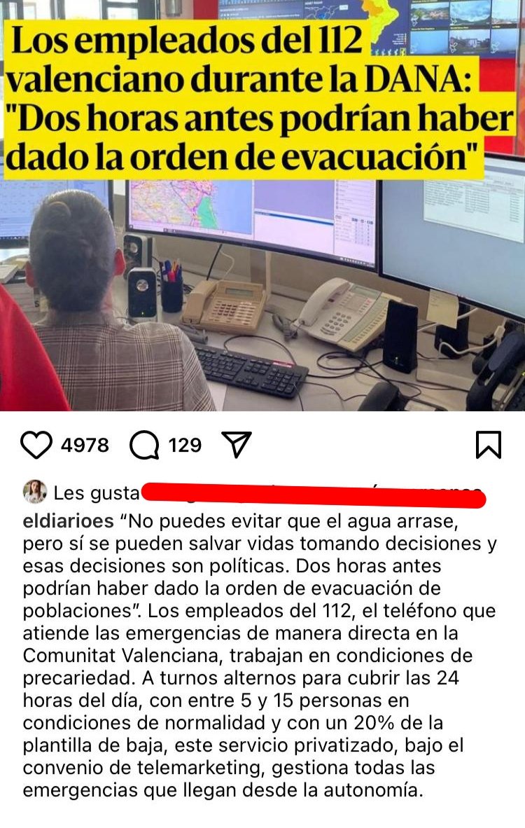 eldiario.es/comunitat-vale… As traballadoras e traballadores de 112 Galicia solidarizámonos coas compañeiras e compañeiros do 112 Valencia e as persoas afectadas pola dana e a mala xestión das administracións.É un servizo precarizado e estresante,e nestas condicións moito máis.Forza!