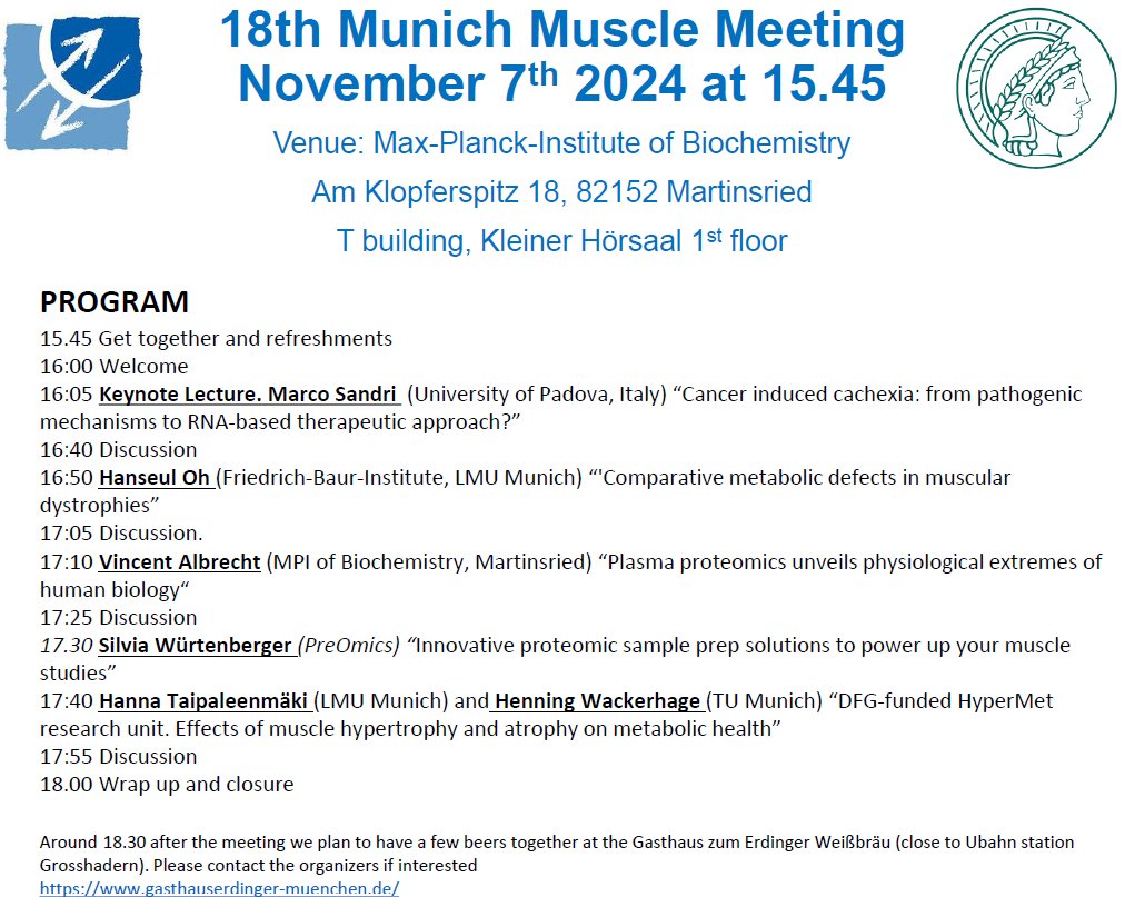 Henning Wackerhage (@hewahippo) on Twitter photo Two days to go until the Munich Muscle Meeting at the Max Planck Institute hosted by <a href="/martamurgia/">Marta Murgia</a> with <a href="/LabSandri/">Sandri_Lab</a> given the keynote. The
Meeting link is: mpi-biochemistry.zoom-x.de/j/63100711952 Two days to go until the Munich Muscle Meeting at the Max Planck Institute hosted by <a href="/martamurgia/">Marta Murgia</a> with <a href="/LabSandri/">Sandri_Lab</a> given the keynote. The
Meeting link is: mpi-biochemistry.zoom-x.de/j/63100711952