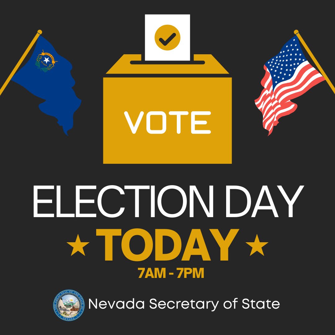 NVSOS's tweet photo. It’s Election Day, Nevada! Polls are open 7am to 7pm - and remember, if you’re in line by 7pm, stay in line!

If you have questions or concerns throughout the day, contact the @NVSOS: https://t.co/ICfJBR1Sog https://t.co/2NuCCMeg6e