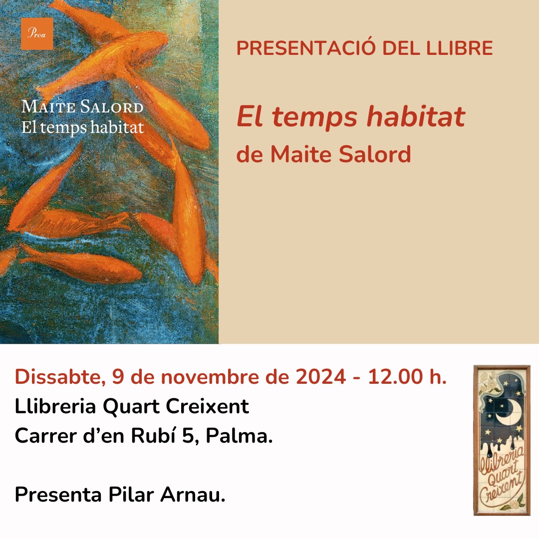 📅🏡 Aneu reservant el dissabte dia 9! <a href="/MaiteSalord/">Maite Salord Ripoll 🎗</a> presenta ‘El temps habitat’:

⏱️ 12h
📍 A la Llibreria Quart Creixent, #Palma
🗣 Presenta Pilar Arnau

➡Us esperem! 
<a href="/Grup62/">Grup62</a>
<a href="/QuartCreixent1/">QuartCreixent</a>