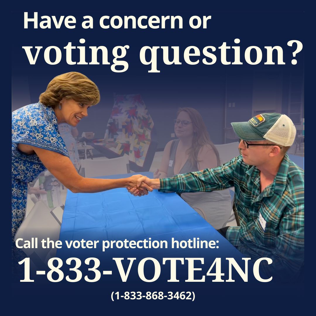 Voting today? 🗳️
If you run into any issues, don’t let it stop you from casting your ballot. Call the Voter Protection Hotline at 1-833-VOTE4NC for any help or questions.

Find your polling place: iwillvote.com/nc