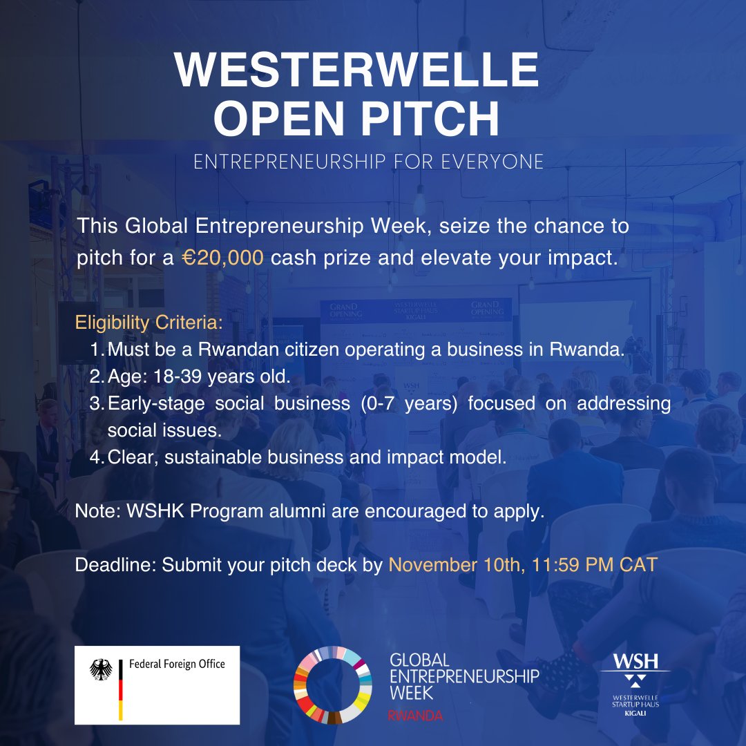 The clock is ticking, and €20,000 could be yours! 💸
Rwanda-based startups, don’t miss this chance—apply now for the pitching session, showcase your innovative ideas, and compete for this incredible cash prize. 🌟 Make your impact count!
airtable.com/app0cXKmYNCz0s…

This initiative