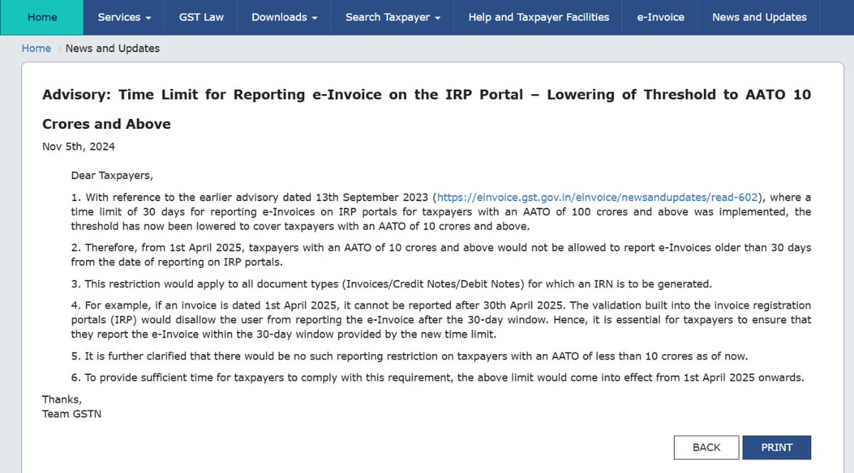 #GST update on #EInvoice Time Limit
From 1.4.2025 - 30 days time limit for reporting E-Invoice on #IRP Portal, to be applicable for tax payers having ATTO >=10Crs
Currently restriction of 30days is applicable to taxpayers having ATTO>=100Crs, as per advisory dt 13.9.2023