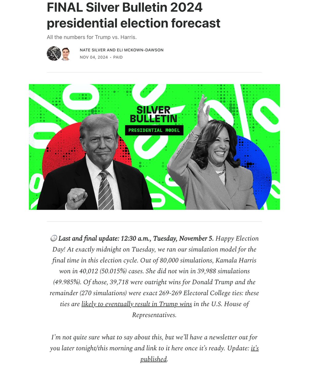 Nate Silver：Harris胜率会稍微高一点点（50.015%）

（这是他们simulation的结果，我也没看到他们simulation的方法、模型、代码在哪里） https://t.co/Wk1ZQTOk07