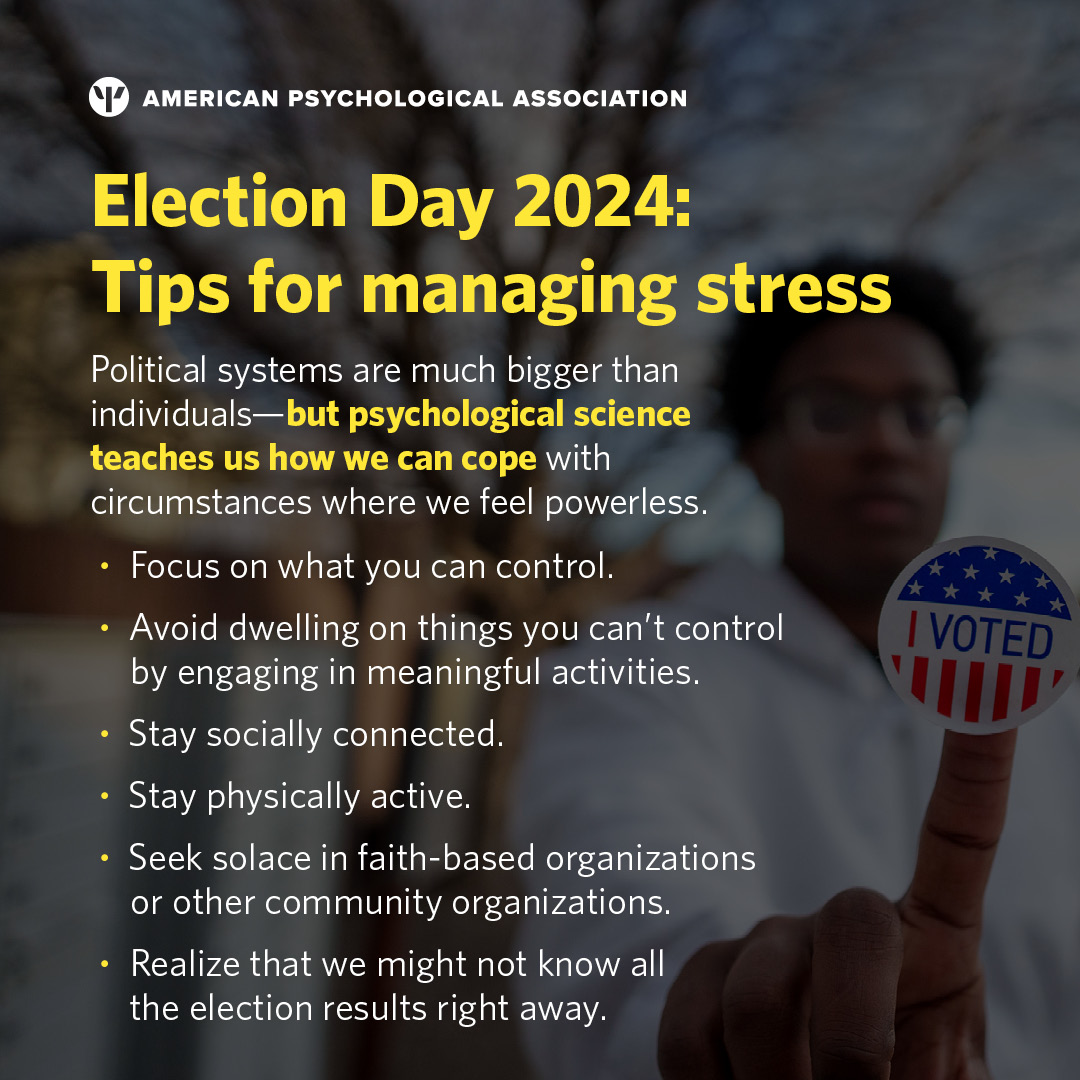 Election Day is here! ☑️ 

As you head to the polls and await the results, keep your stress levels in check with these science-backed tips. 

#vote #stress #election #mentalhealth