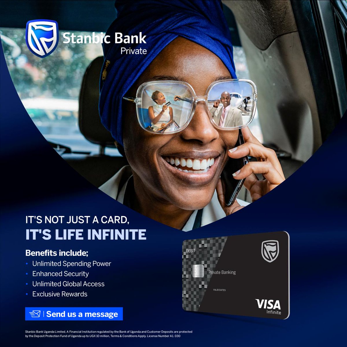 Experience a world without limits with our Private Banking Visa Infinite Card. 

Enjoy exclusive rewards, unmatched global access, and the freedom to live life your way.

Send us a message to learn more.
#StanbicPrivateBanking