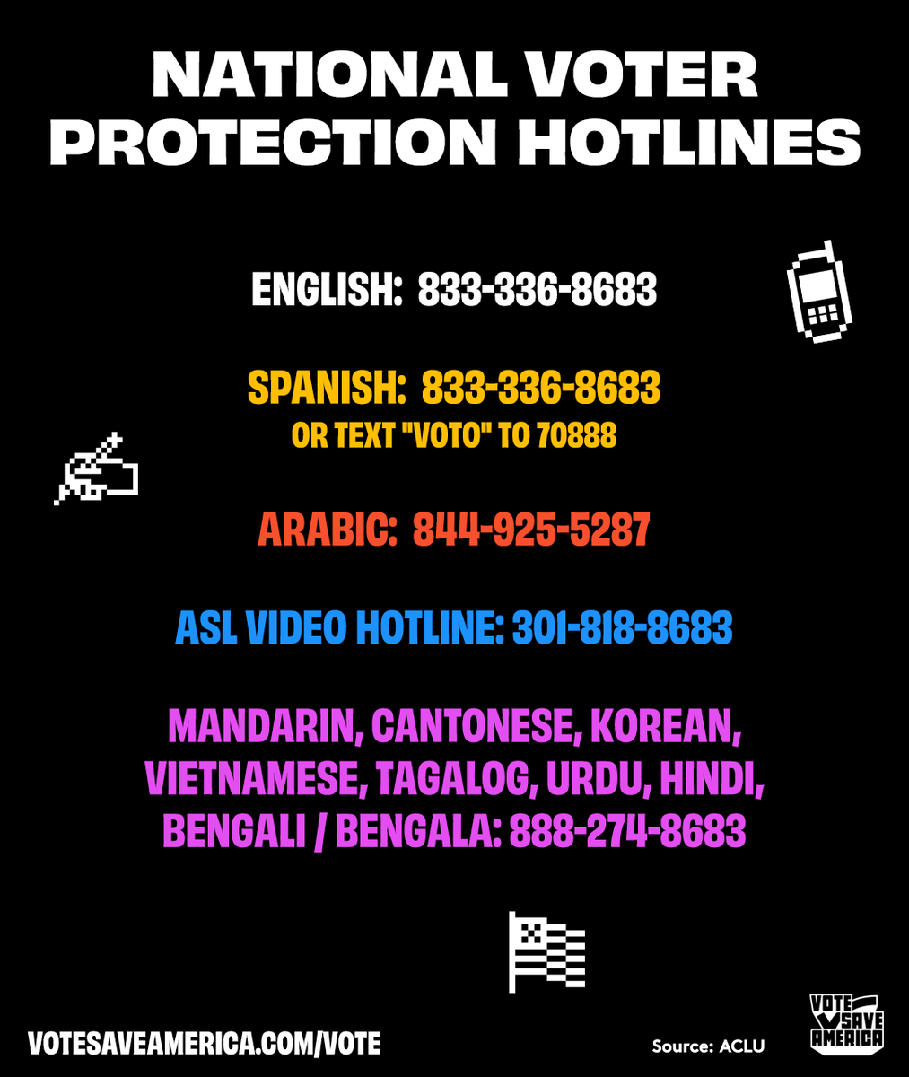 If you have any questions while voting or witness any issues today, please don't hesitate to call your state voter protection hotline or the national voter protection hotline.

For more information go to votesaveamerica.com/vote