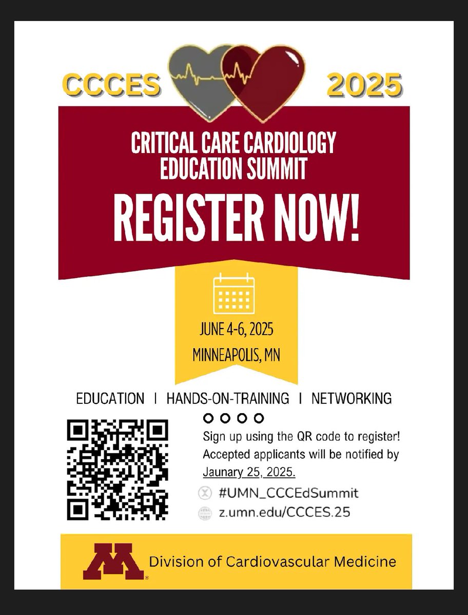 ilanvavilinmd's tweet photo. University of Minnesota’s Critical Care Cardiology Education Summit opens its registration today for 2025! Submit your application for a chance to join an excellent conference with lots of learning and networking. #CCCES2025 https://t.co/7yxFhClELY