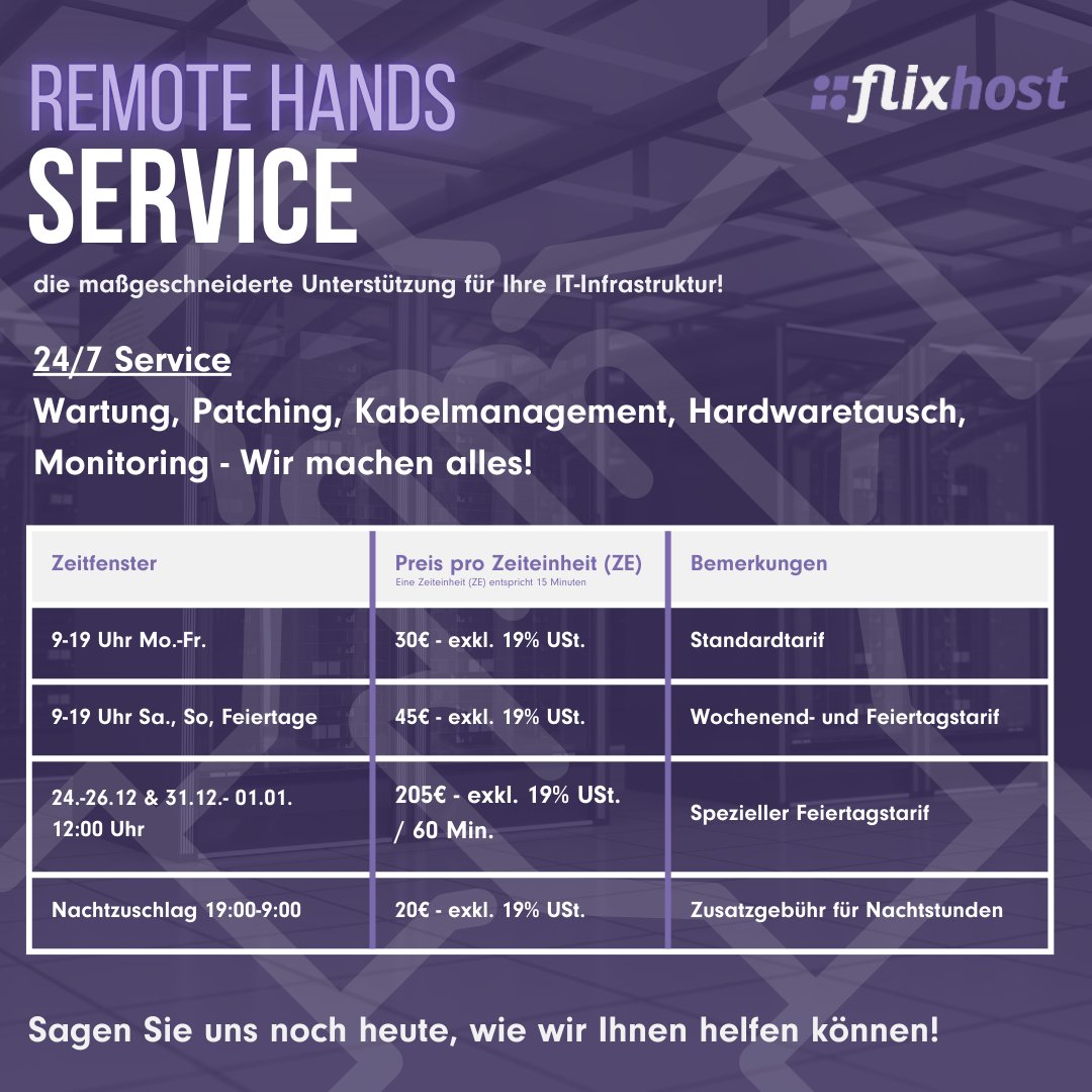 Remote Hands – Ihre IT-Unterstützung direkt im Rechenzentrum! Mit FlixHost erhalten Sie rund um die Uhr technischen Support durch unser erfahrenes Team, genau nach Ihren Anforderungen. Ob Hardware-Austausch, Kabelmanagement oder Serverüberwachung: Wir bieten maßgeschneiderten