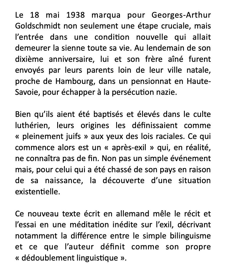 Georges-Arthur Goldschmidt - L’après-exil

Traduit de l’allemand par Jean-Yves Masson

Préface inédite de l’auteur

À paraître en janvier chez Verdier