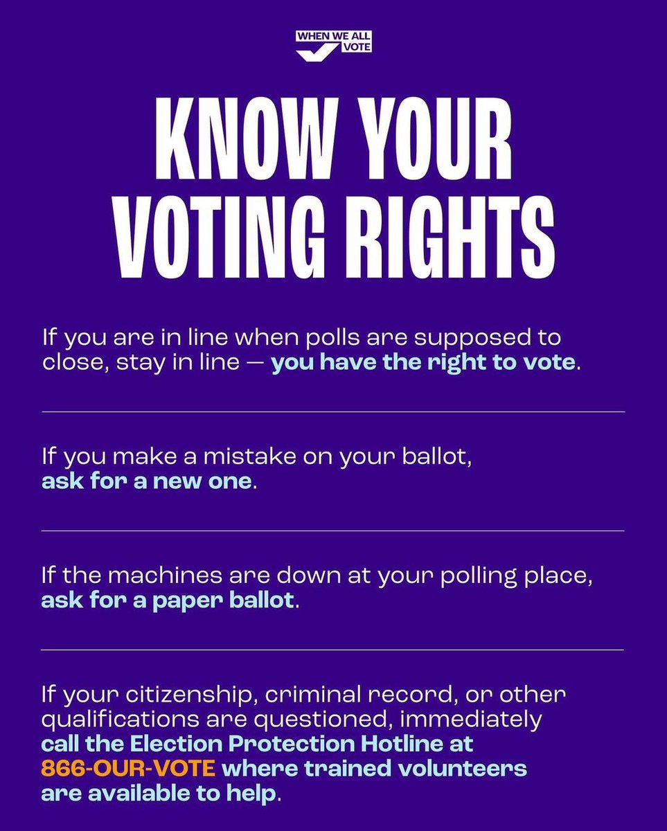US DreamTeam, Reminder that today is Election Day and if you haven’t already please go out and VOTE!!! Our rights are on the line and every single vote makes a difference!!! No matter what, if you’re in line, stay in line and know your voting rights!!! 

some helpful info ⬇️⬇️
