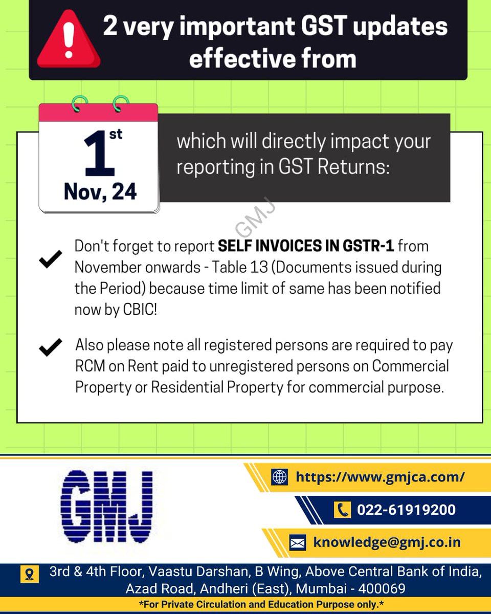 2 important #GST updates effective from 1st November 2024
1. Reporting of Self #Invoice in #GSTR1
2. #RCM on #Rent paid to unregistered persons on #Commercial #Property