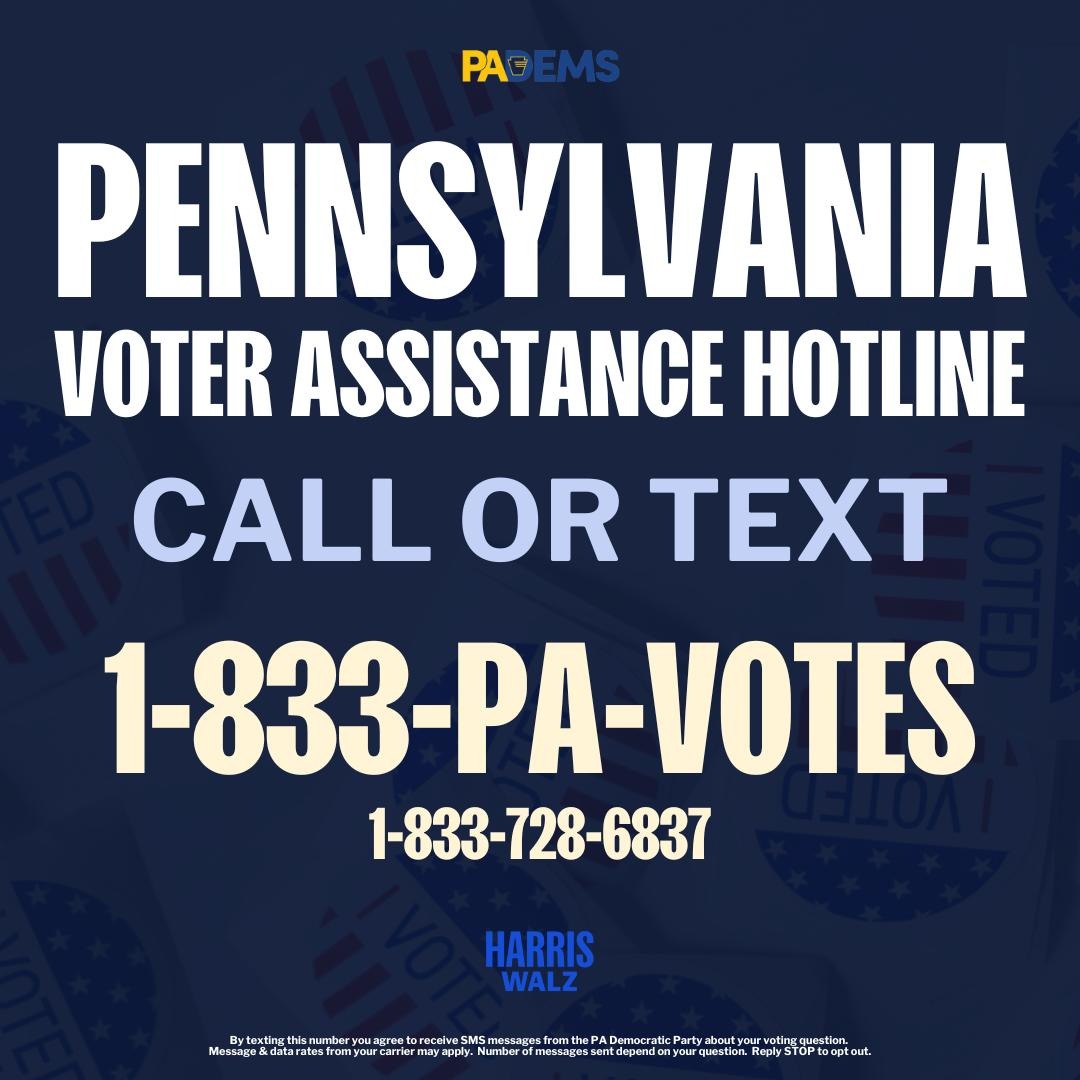 🚨🚨🚨 At the polls and having an issue? 

Stop scrolling and call or text our Voter Assistance Hotline ASAP: 1-833-PA-VOTES (833-728-6837)