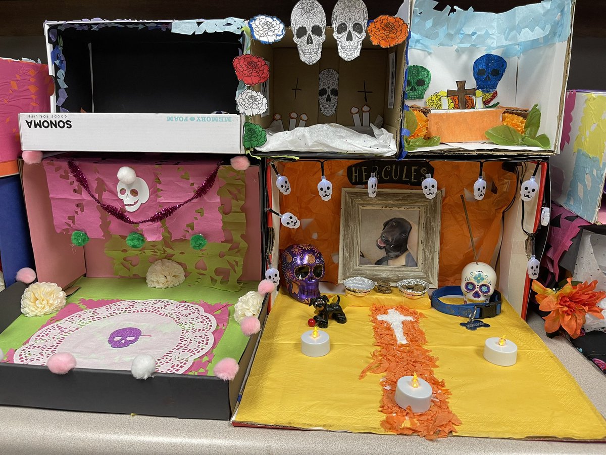 StonecreekJHS's tweet photo. Thanks to the dedication and creative skills Ms. Viera’s #spanish class, the #StonecreekStampede was able to view these mini ofrenda’s made by #Stampede #students and learn about #DiaDeLosMuertos . #ThisIsAVID #AVIDforPossibility #PBVUSD #Inspire #Equip #Enrich #StampedeFamily https://t.co/k9TWpPZmoR