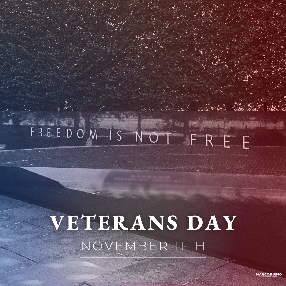 SenMarcoRubio's tweet image. Our veterans are the bravest people in the history of our nation. Their service and sacrifice ensured not only our freedom, but the freedoms of others around the world.
We must remember every day that freedom is not free. 🇺🇸