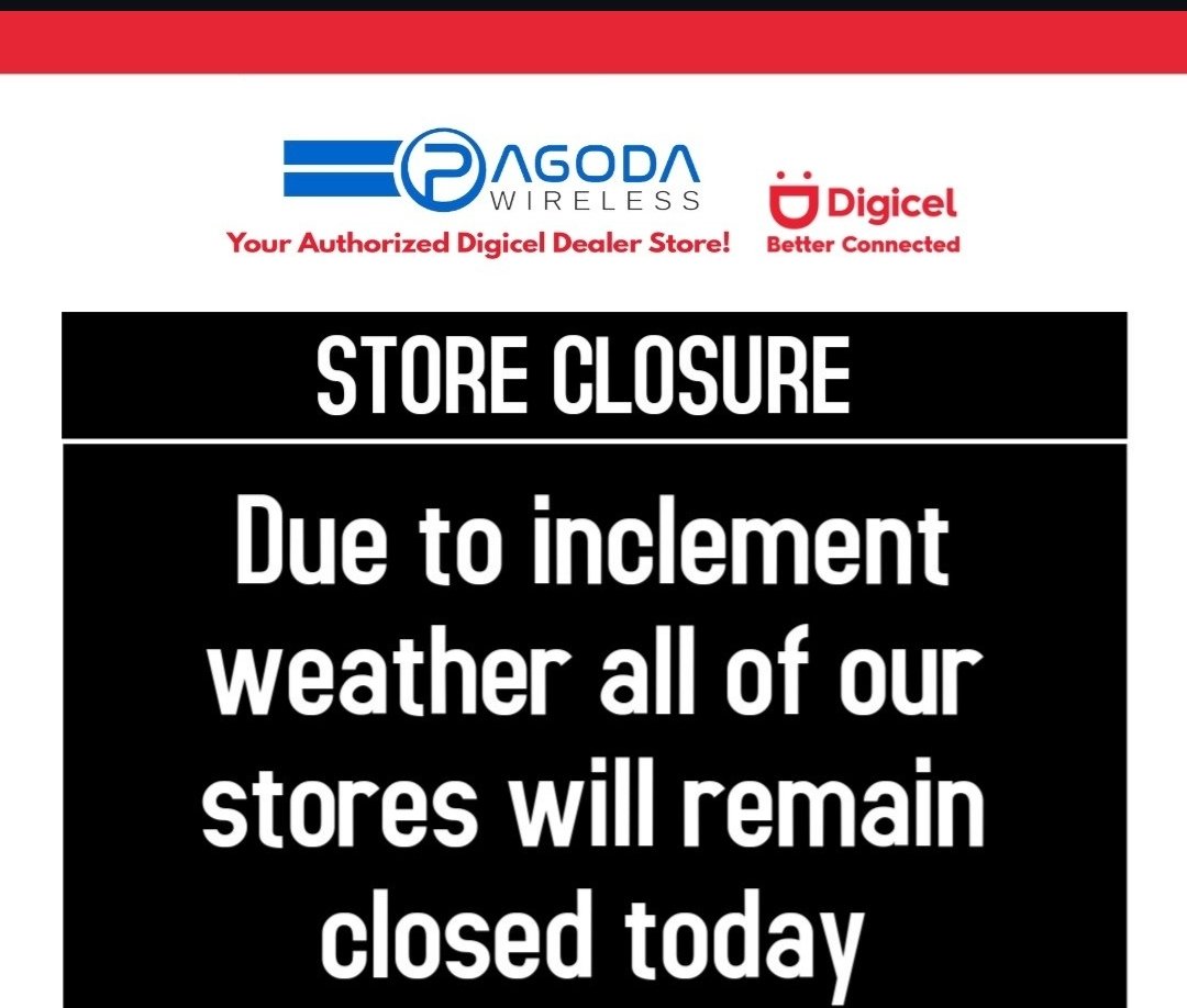 pagodawireless's tweet photo. Due to the inclement weather, we wish to advise that all our stores will remain closed today, Tuesday, November 5th, 2024. We encourage you to prioritize your safety and stay informed.

For further updates, stay tuned to our social media channels.
#StoresAdvisory #StoresClose https://t.co/f8hljFfgRe