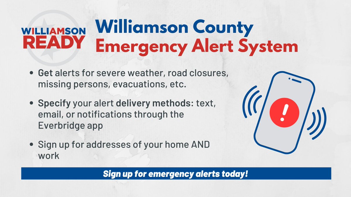 WCTNEMA's tweet image. Sign up for LOCAL Williamson Co. emergency messages by phone, email, text etc. You pick where and how. We can send you critical information quickly in a variety of situations: severe weather, major road closures, missing persons, evacuations etc. Info: bit.ly/3Tb0nHV