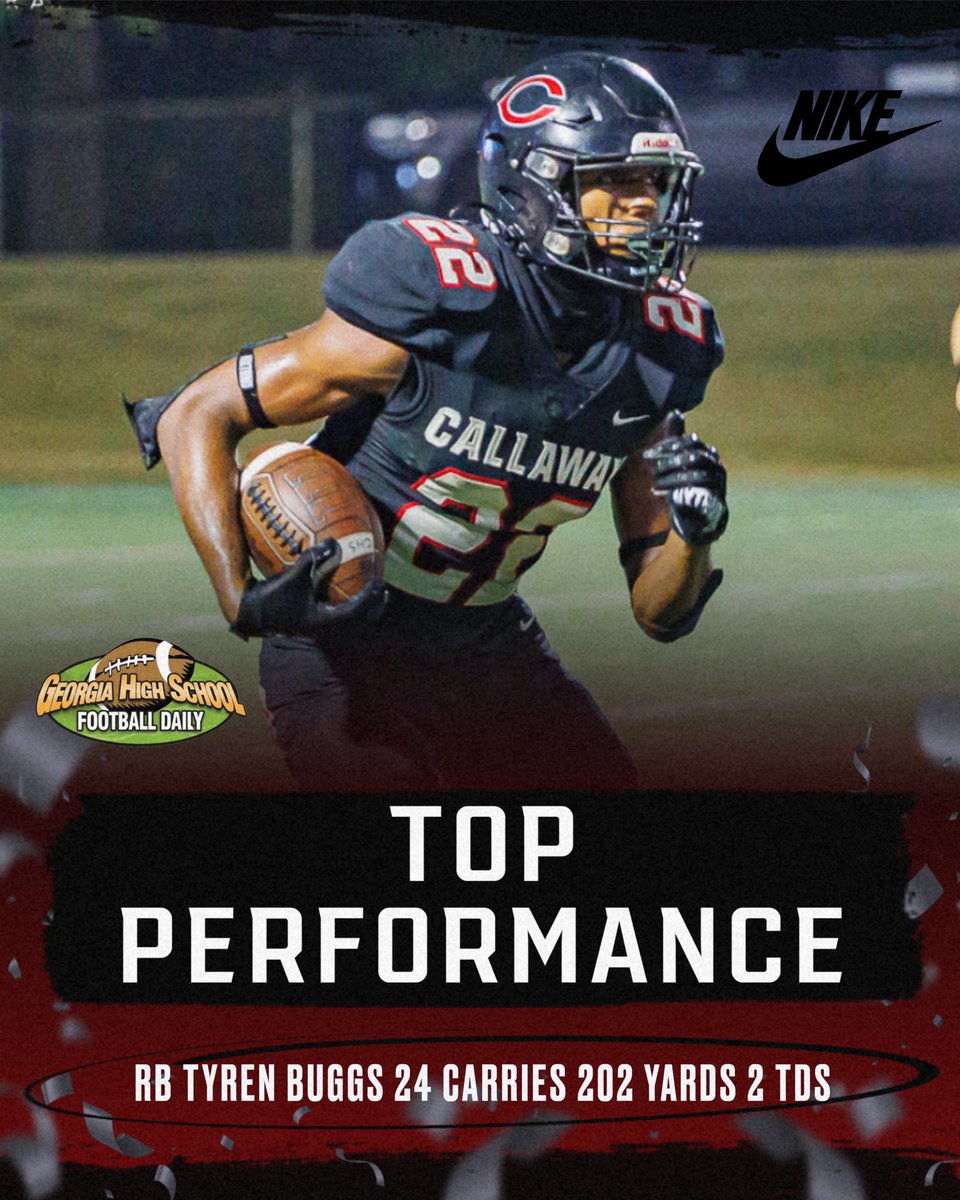 𝙏𝙊𝙋 𝙋𝙀𝙍𝙁𝙊𝙍𝙈𝘼𝙉𝘾𝙀 😤

Congratulations to RB <a href="/tyren_buggs/">Tyren Buggs</a> on being named as one of the top performances in the state last week by GHSF Daily. Buggs finished with 202 Yards Rushing on 24 Carries and 2 TDs in our 33-26 win over Morgan County!