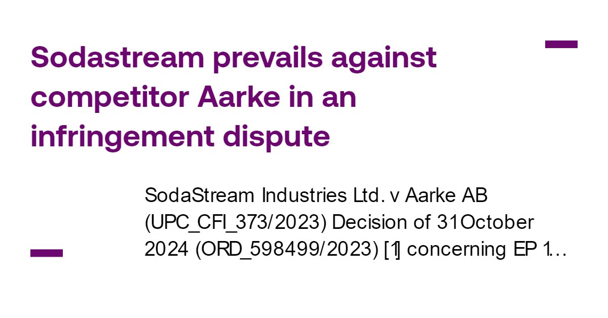 eipamar's tweet photo. Sodastream successfully asserted their patent against Swedish competitor Aarke, interpreting the claim in the broad manner contended for by the patentee.  The court noted that if the patent distinguishes itself from the prior art in a particular way, an interpretation that negates that distinction must be avoided.

Felix Hütt reports - https://t.co/NN6odORQNz