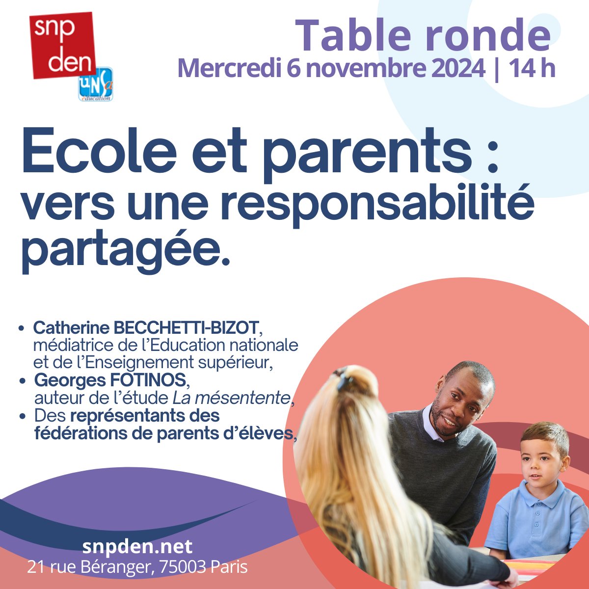 Une #tableronde en Live sur les relations École-Familles !
➡️ mercredi 06.11, à 14H00

✅ avec Catherine BECCHETTI-BIZOT, médiatrice de l'EN ;
✅ avec des représentants des fédérations de parents d'élèves ;
✅ avec Georges FOTINOS, auteur d'une étude sur la question.