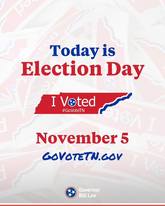 It’s Election Day, Tennessee! 🇺🇸

Polls across the state will be open until 8 p.m. ET/7 p.m. CT. 

Find your polling location &amp; more at GoVoteTN.gov. #GoVoteTN
