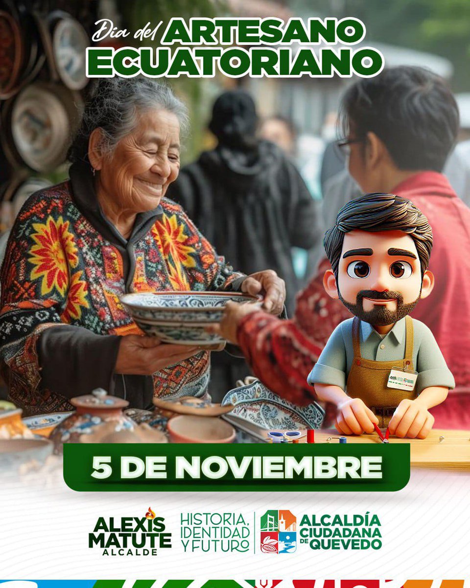 "En este Día del Artesano Ecuatoriano, el alcalde <a href="/AlexisMatuteEC/">Alexis Matute 🇪🇨</a>  y la Alcaldía Ciudadana de Quevedo rinden homenaje a todos los artesanos quevedeños, quienes con su talento y dedicación engrandecen nuestra ciudad y preservan nuestras tradiciones.