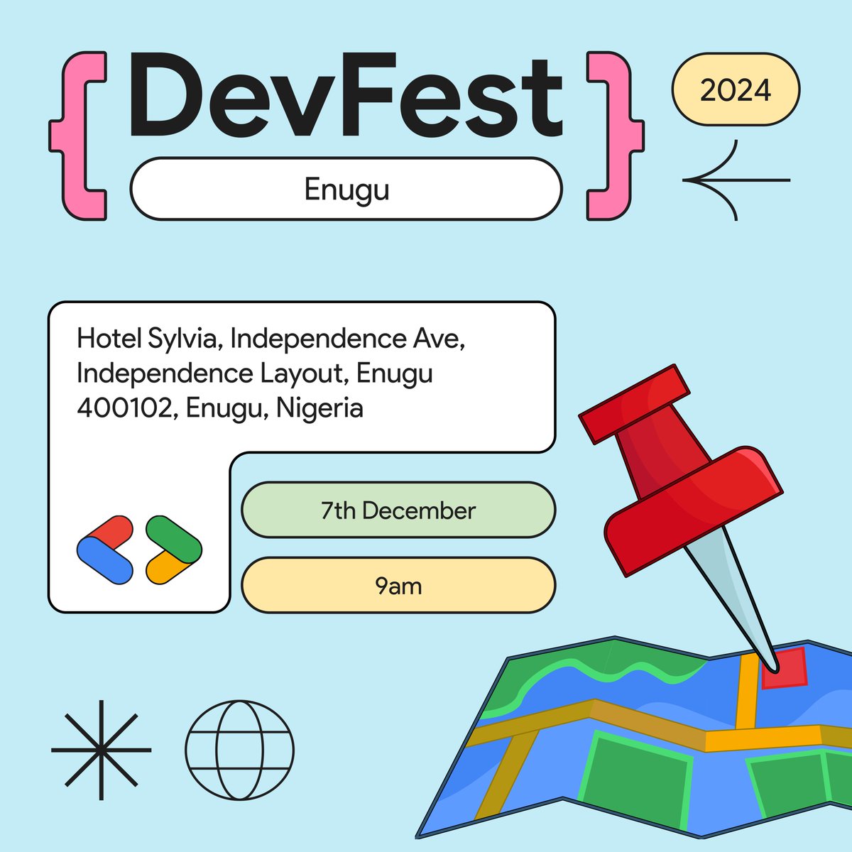 Okpa may be missing, but memories will be made!

DevFest Enugu 2024 is getting closer, and we have the venue locked in!

📍 Hotel Sylvia, Independence Avenue, Enugu.