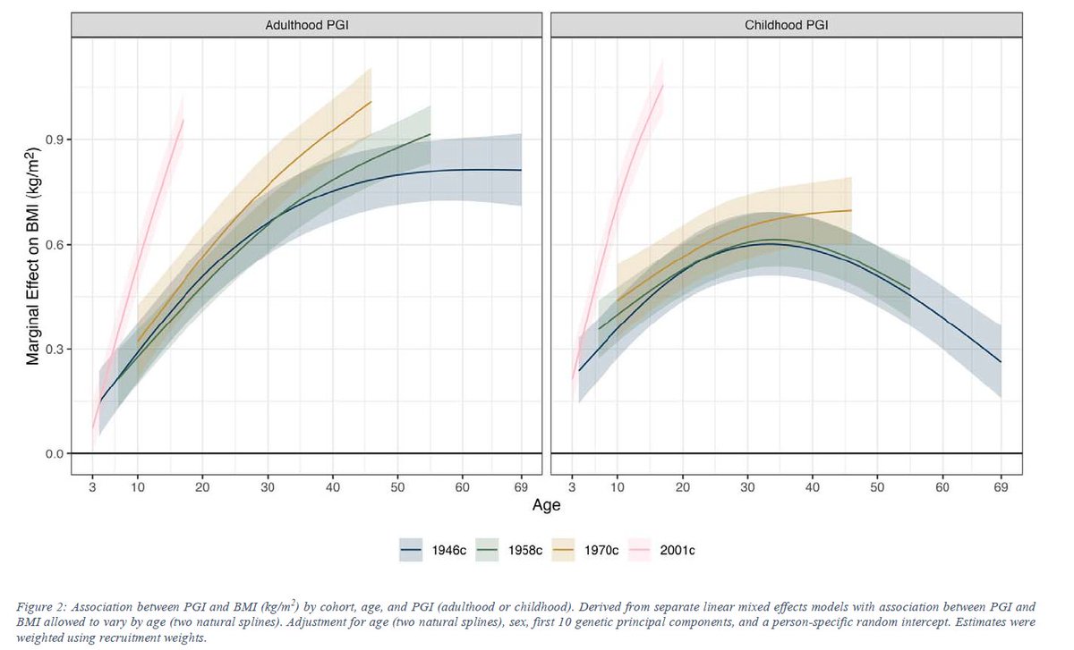 David Bann (@davidabann) on Twitter photo New preprint: genetic liability + BMI across generations born 1946, 1958, 1970, 2001. Led by Liam Wright @clscohorts <a href="/MRCLHA/">LHA @ UCL</a> <a href="/UCLSocRes/">UCL Social Research Institute (SRI)</a>
Obesity is highly heritable, yet rates have soared in recent decades. How have links between genes and BMI changed across time? ... 🧵 New preprint: genetic liability + BMI across generations born 1946, 1958, 1970, 2001. Led by Liam Wright @clscohorts <a href="/MRCLHA/">LHA @ UCL</a> <a href="/UCLSocRes/">UCL Social Research Institute (SRI)</a>
Obesity is highly heritable, yet rates have soared in recent decades. How have links between genes and BMI changed across time? ... 🧵