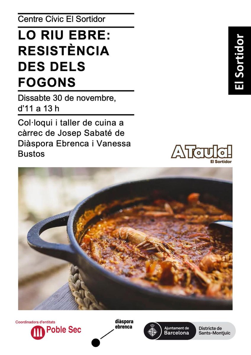 💙 LO RIU EBRE: RESISTÈNCIA DES DELS FOGONS 🧑🏼‍🍳

Col·loqui i taller a càrrec de <a href="/vanesa_bust/">Vanesa Bustos</a> (cuinera) i <a href="/JosepRoquetes/">Josep Sabaté 🏳️‍🌈💙</a> (Diàspora i <a href="/PDE/">Defensa de l'Ebre</a>).

Cuinarem i tastarem un arròs mentre parlem d'aigua, territori, canvi climàtic o transvasaments.

✍🏼Inscripcions: elsortidor.inscripcionscc.com/MiramModular/b…