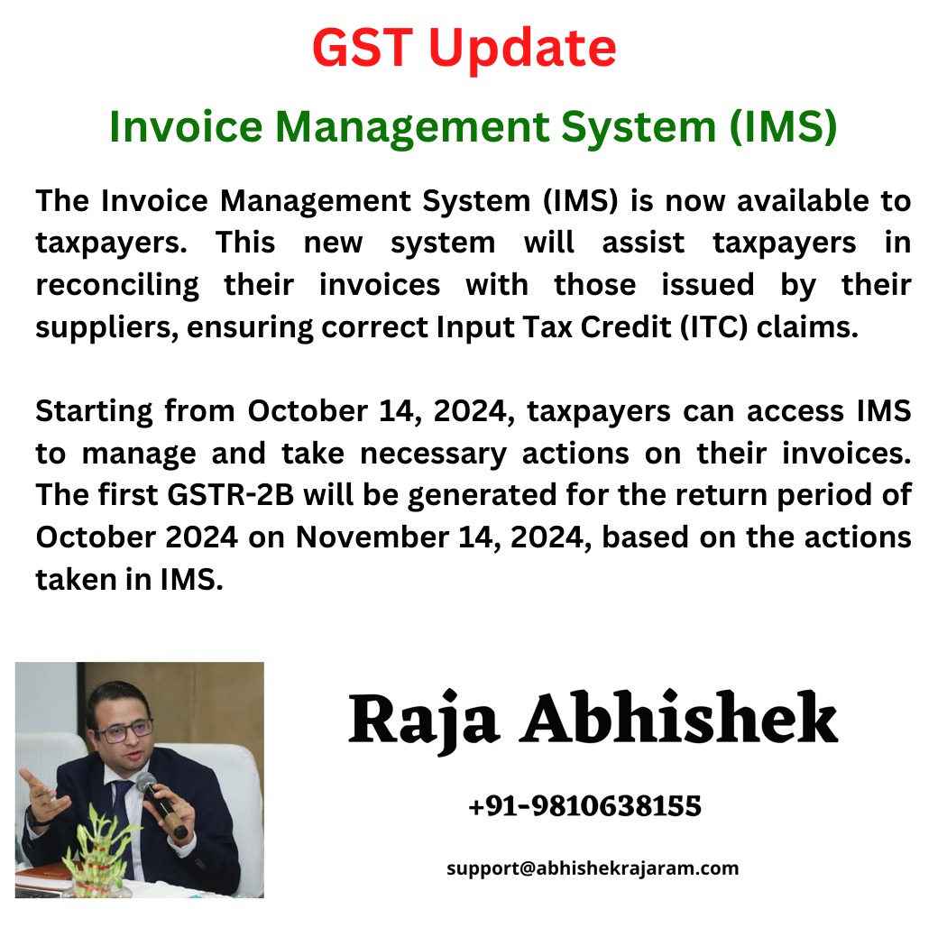 GstPanacea's tweet image. Stay updated on GST! The new Invoice Management System (IMS) streamlines invoice reconciliation and ensures accurate ITC claims. Access IMS from October 14, 2024, and make your GST filing easier!

#GSTUpdate #InvoiceManagement #ITCClaims #TaxSimplified #TeamGSTPanacea