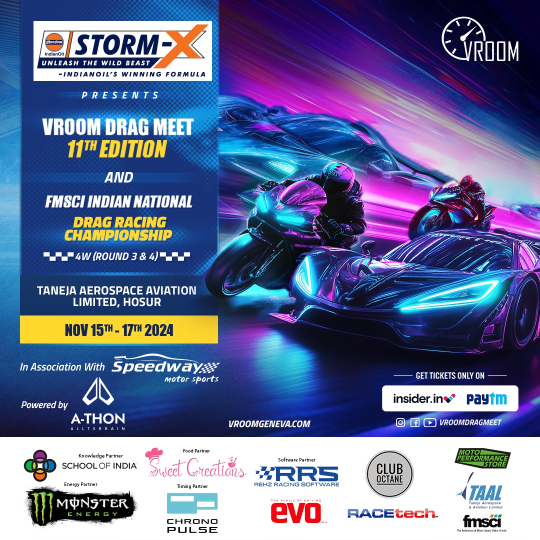 IndianOil Storm X Presents 🏁
Vroom Drag Meet 11th Edition 2024 &amp; FMSCI Indian National Drag Racing Championship - 4W!
 
Register NOW on VROOM.REHZ.IN and grab your tickets- bit.ly/vroom11-tickets

<a href="/IOCLTamilnadu/">IOCL Tamilnadu</a> 

#MotorSports #IndianOil #StormX #Vroom #DragMeet