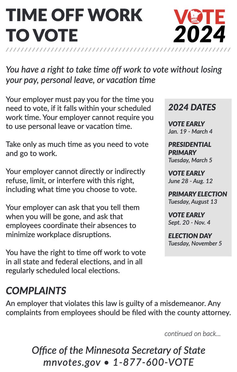 maxnesterak's tweet image. Remember Minnesota voters, you are legally entitled to take paid time off to vote today sos.state.mn.us/elections-voti…