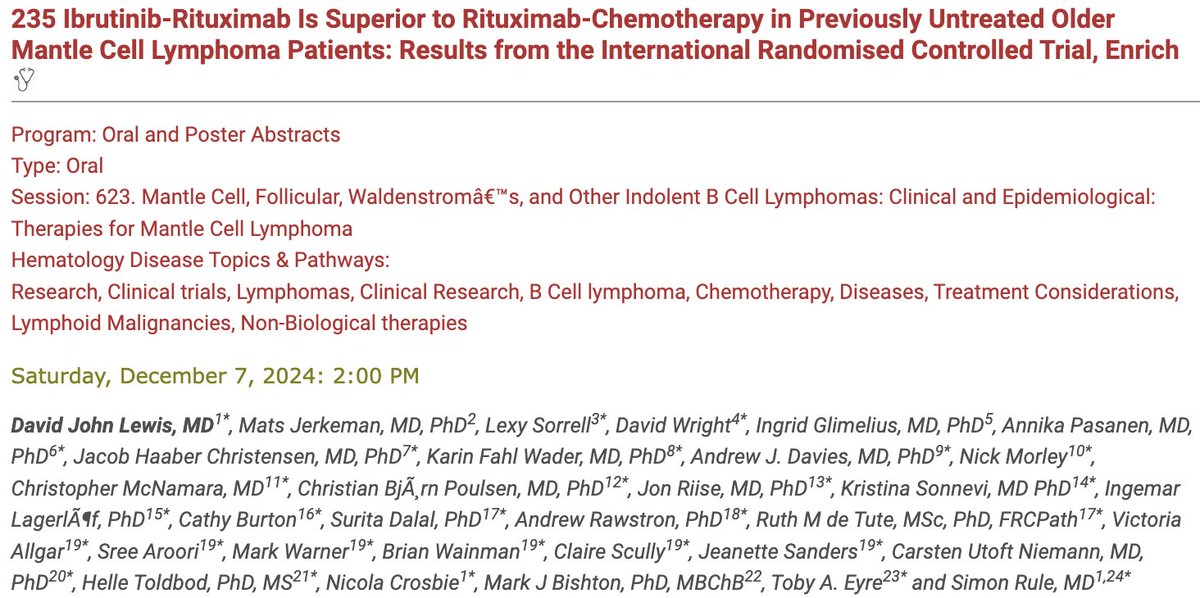 ENRICH Primary analysis
4y fup
R-Ibrutinib vs R-chemo (BR or RCHOP) 1L #MCL
IR superior PFS to ICT HR 0.69 p=0.003
⬇️ haem tox
Earlier ⬆️QoL with R-Ibr
Major benefit seen vs RCHOP subgrp
1st 1L RCT across any lymphoma (not incl CLL) showing non-chemo superior to ICT 
#ASH2024