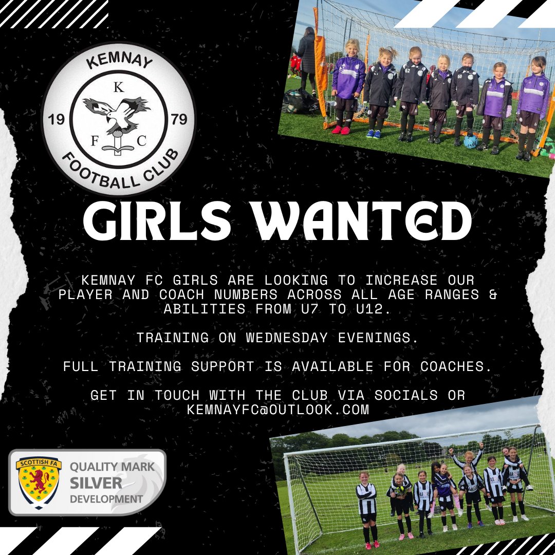 Kemnay FC Girls are on the lookout for new players of all abilities across the U7 to U12 age groups to join us.

We are also looking for coaches. Full training support is available including funded SFA training courses.

Training on Weds evenings.

Get in touch for more info.