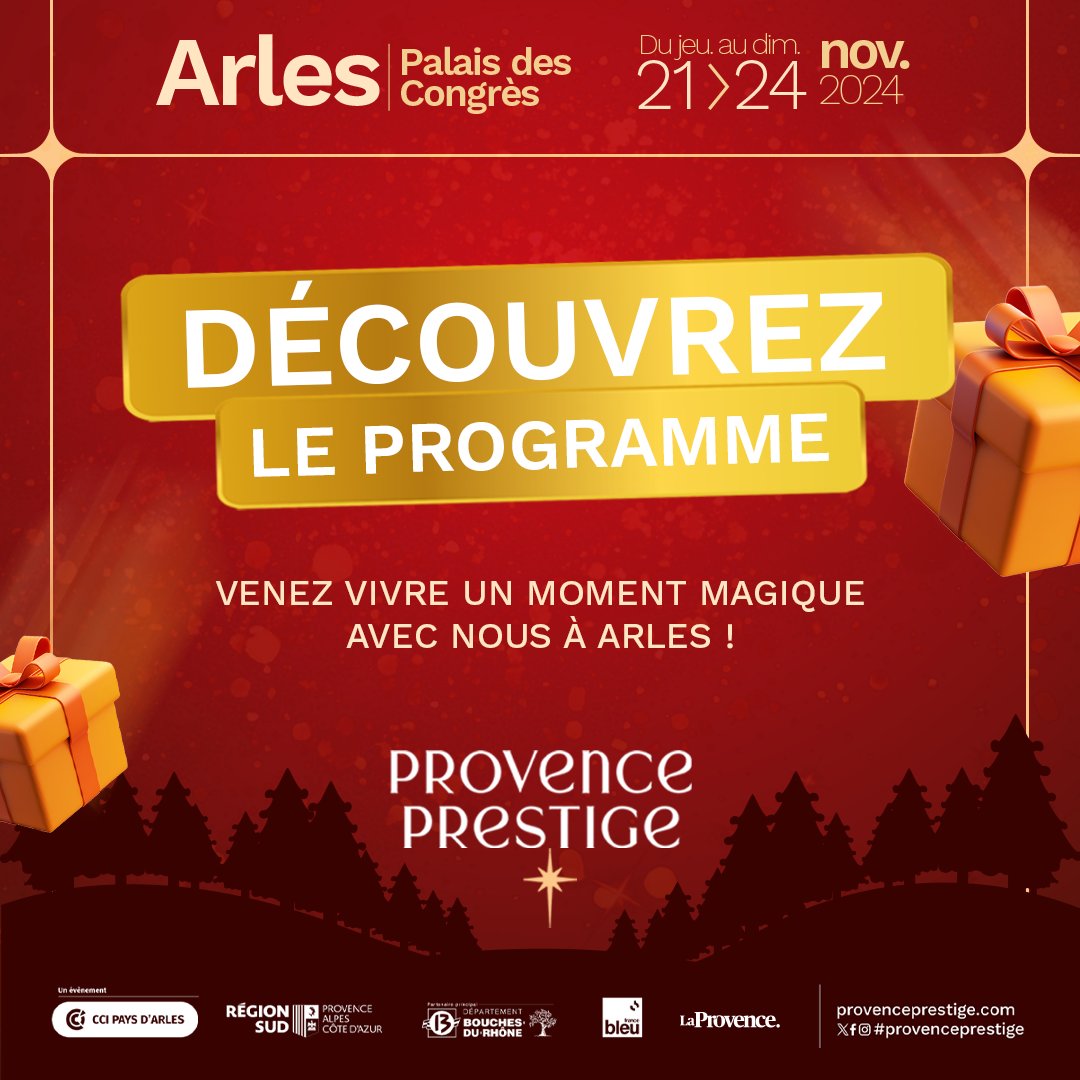 🎄 Provence Prestige 2024 : du jeudi 21 au dimanche 24 novembre, venez profiter d'animations festives pour toute la famille !

Programme à retrouver sur : billetweb.fr/provence-prest…

On vous attend nombreux à Arles !

#ProvencePrestige #Noel #Arles