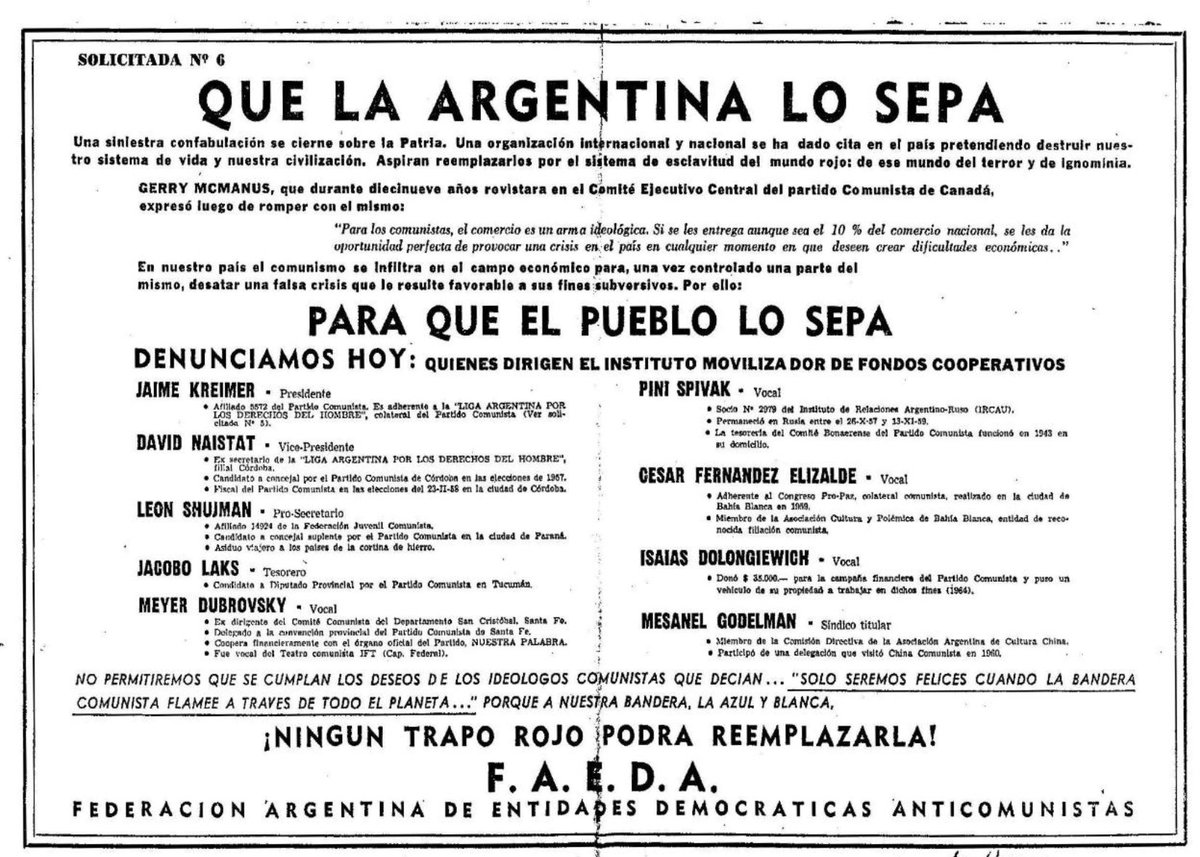 natalischejtman's tweet photo. Dicen McCarthy en Argentina y yo me acuerdo de las 9 solicitadas de 1965 de FAEDA que denunciaban la "infiltración marxista" en la UBA y otros ámbitos con nombres y apellidos. Cerraban así: "Porque a nuestra bandera, la azul y blanca, ¡NINGÚN TRAPO ROJO PODRÁ REEMPLAZARLA!" https://t.co/h5tlYsm3Kj