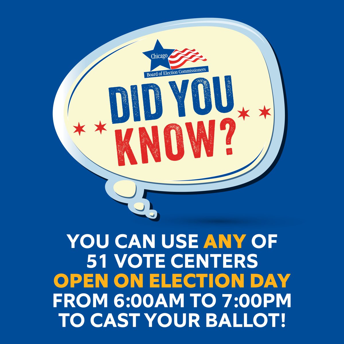 Chicago Board of Elections (@chicagoelection) on Twitter photo In addition to your assigned precinct polling place, you may vote at ANY of 51 vote centers (50 Ward sites + Supersite) between 6:00am to 7:00pm today to cast your ballot - for more info, go to: chicagoelections.gov/voting/electio… 🗳️ In addition to your assigned precinct polling place, you may vote at ANY of 51 vote centers (50 Ward sites + Supersite) between 6:00am to 7:00pm today to cast your ballot - for more info, go to: chicagoelections.gov/voting/electio… 🗳️