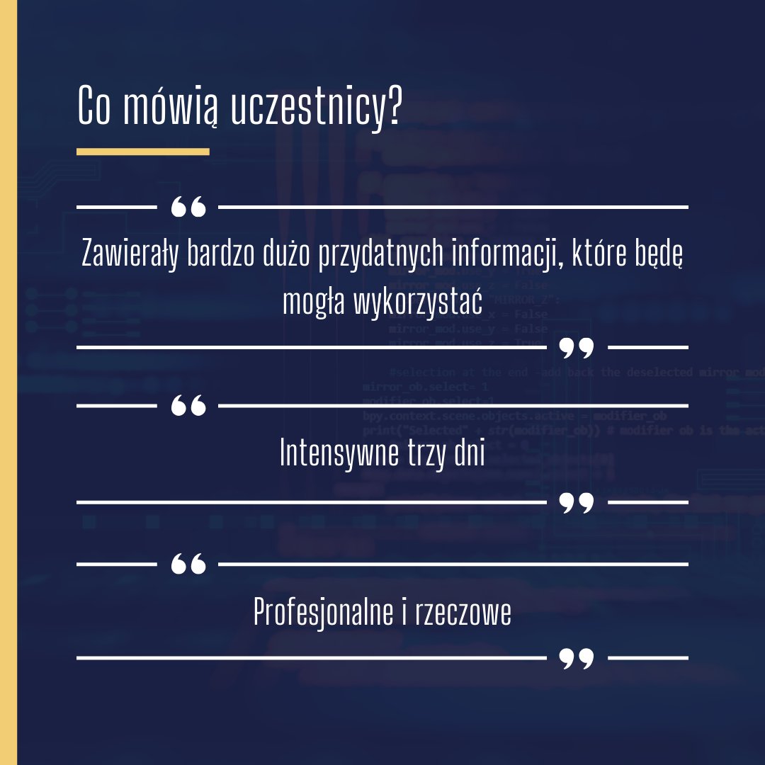 Takie opinie zostawili nam uczestnicy 9. edycji warsztatów Soft Skille Dla Programistów 💛 

Już od 9. edycji utrzymujemy poziom, nie inaczej będzie w jubileuszowej 10. edycji! Sprzedaż trwa! 🔥
<a href="/MateuszBudzar/">Mateusz Budzar</a>  
<a href="/mjawulski/">Michał Jawulski</a>