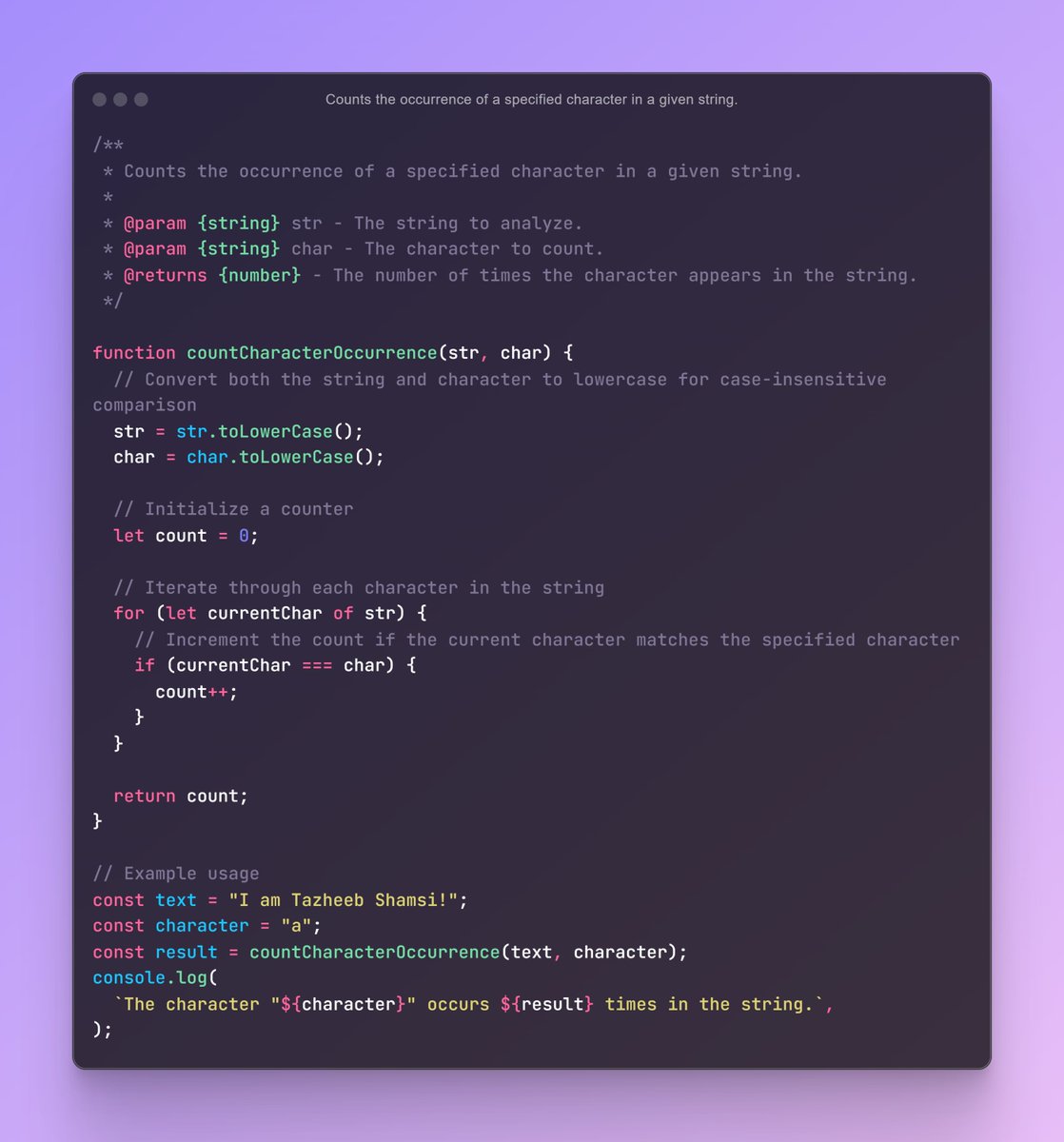 iamtazheeb's tweet image. ⚡Count the occurrence of a given character in String.
📝 07/12 : String Interview Question(s):
🎯 Day 15 of 75 Days Coding Interview Question (JS)
#javascriptcode #web #javascript #programming #coding #javascriptdeveloper #interviewquestion #tazheeb #tazheeb_shamsi #coding_que