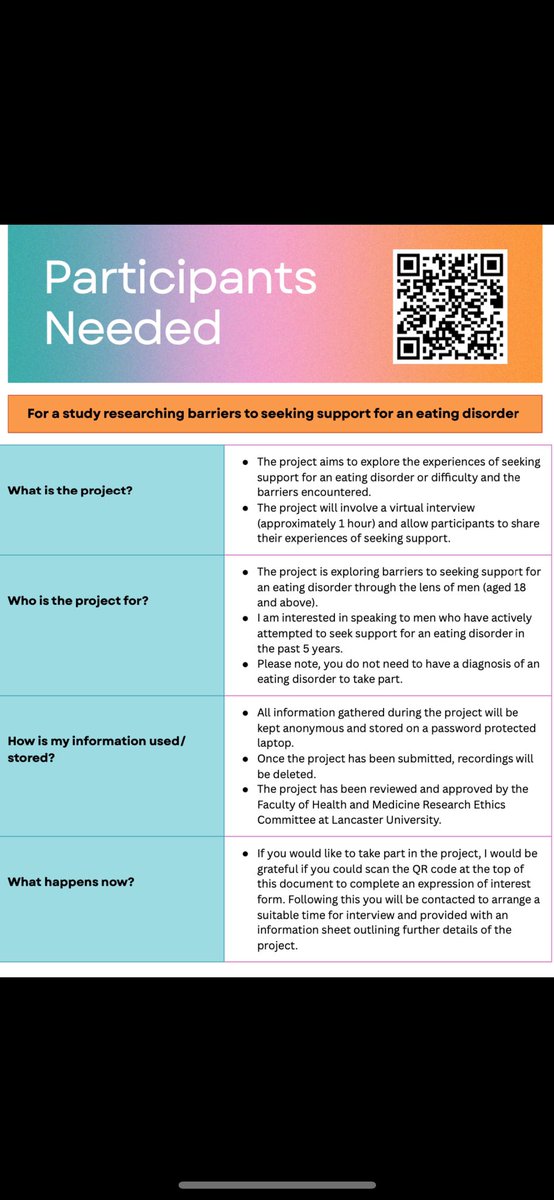 Neil Procter (@procter_neil) on Twitter photo Can anyone help?
The inclusion criteria is:
•Age 18+
•Identify as male
•Have attempted to seek support in the past 5 years (can be professional or personal)
•They DON'T need to have a diagnosis of an eating disorder to take part
Please email s.kirkham4@lancaster.ac.uk Can anyone help?
The inclusion criteria is:
•Age 18+
•Identify as male
•Have attempted to seek support in the past 5 years (can be professional or personal)
•They DON'T need to have a diagnosis of an eating disorder to take part
Please email s.kirkham4@lancaster.ac.uk