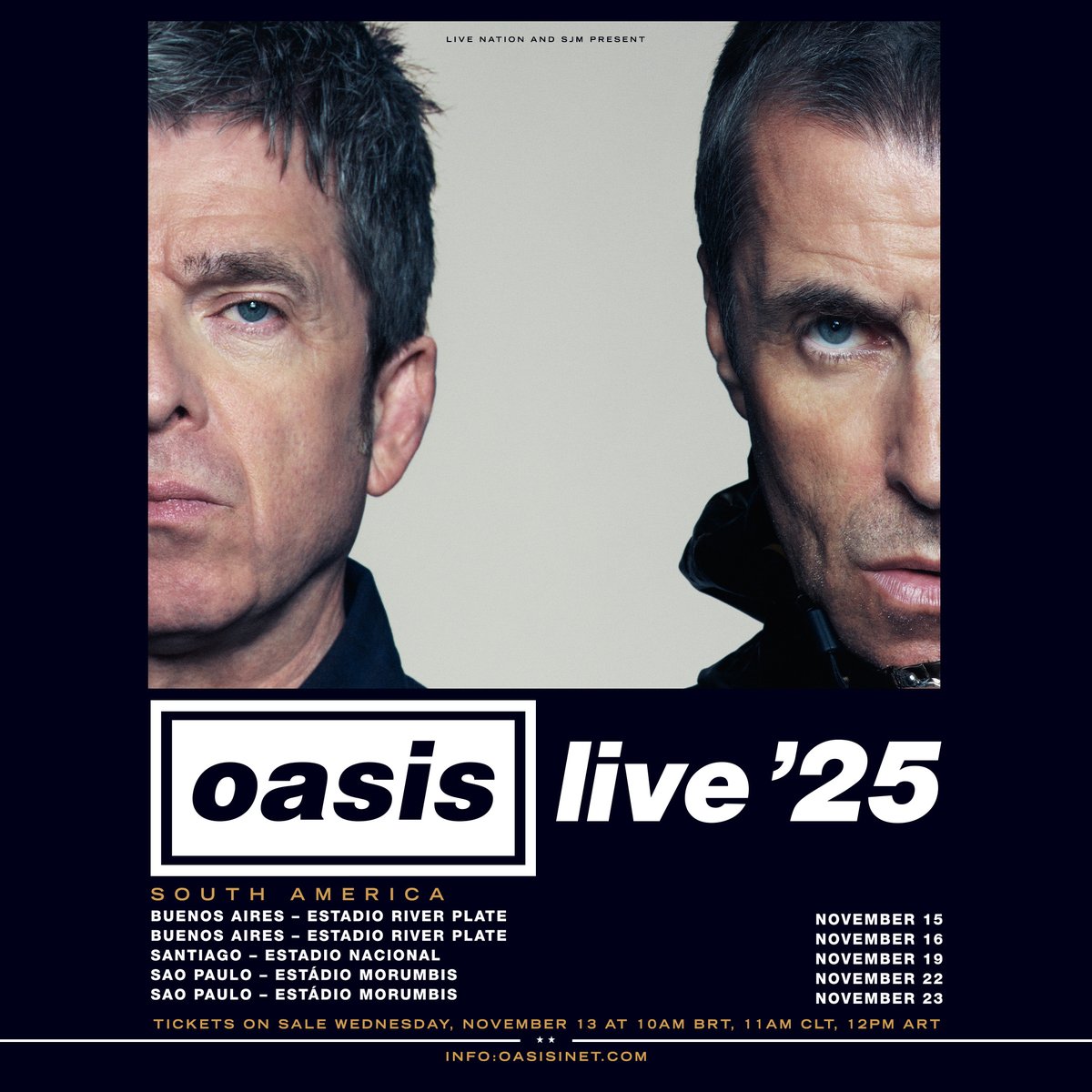 oasis's tweet image. SOUTH AMERICA 🇧🇷🇦🇷🇨🇱
Please be aware you must have a ticket purchase account registered in the specific country where you plan to buy tickets.
Dates:
Sat Nov 15 – Buenos Aires, Argentina – Estadio River Plate
Sun Nov 16 – Buenos Aires, Argentina – Estadio River Plate
Wed Nov 19 –…