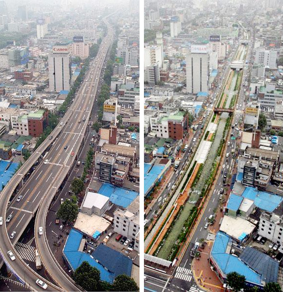 En 2003, Seúl (capital de Corea del Sur) decidió transformar una autopista en un parque lineal público con un río en el medio.

Hoy les cuento la historia de Cheonggyecheon 👇