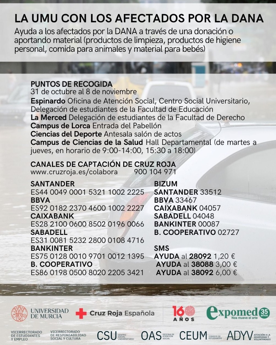 UMU's tweet photo. 📣 ACTUALIZACIÓN | Nuevos puntos de recogida de donaciones materiales de ayuda para personas afectadas por la DANA:

- Espianrdo: Oficina de Atención Social, Centro Social, Delegación de la Fac. Educación
- La Merced: Delegación Fac. Derecho en el Aulario
- Campus de Lorca: Entrada al Pabellón
- Ciencias del Deporte: Antesala Salón de Actos
- Campus de Ciencias de la Salud: Hall Departamental (de martes a jueves)