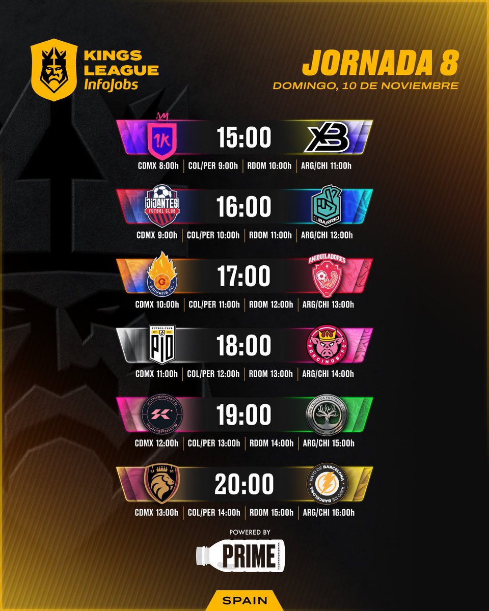 KingsLeague's tweet photo. ✨ Los horarios de la Jornada 8.

#KingsLeague #InfoJobs https://t.co/6zBPF9ZTn1