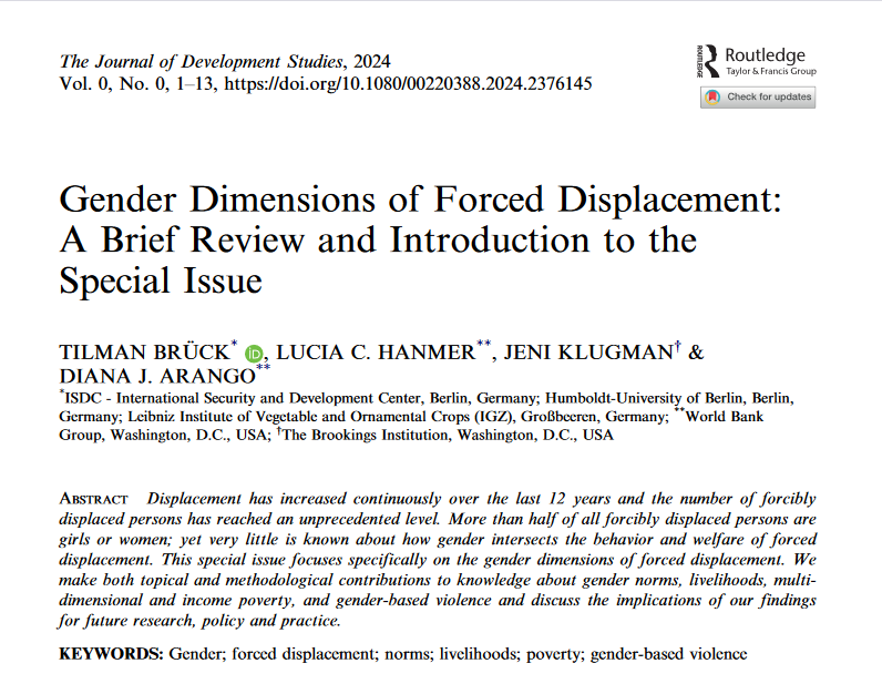 🆕 special issue on "Gender &amp; Forced Migration" in <a href="/JDevStudies/">Journal of Development Studies (JDS)</a> eds. @tilmanbrueck <a href="/lucia_hanmer/">Lucia Hanmer</a> <a href="/JeniKlugman/">Jeni Klugman</a> &amp; Arango

7⃣ papers on gender norms, GBV, livelihoods, poverty &amp; more from 🇪🇹🇸🇩🇱🇷🇨🇴🇳🇬🇸🇴🇸🇸🇨🇩🇯🇴

Intro: tandfonline.com/doi/full/10.10…

Section: tandfonline.com/action/showAxa…