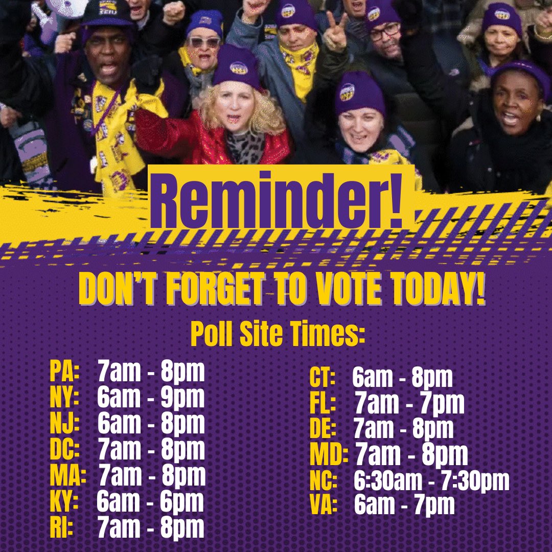 Today’s the day! Your voice matters, and every vote counts. Head to the polls and make your choice heard. Let's build a future that reflects all of us—don’t miss out! 🗳️ #GOTV #32BJforHarrisWalz