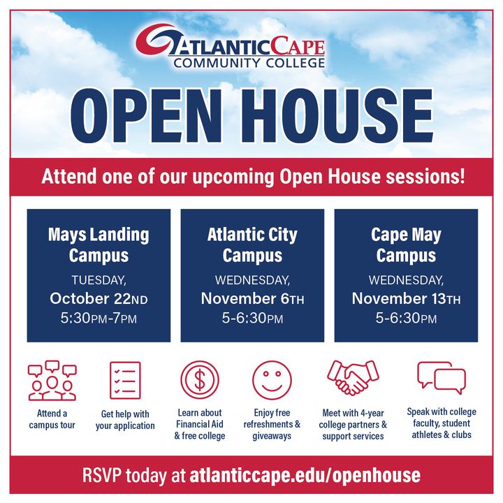 atlanticcape's tweet photo. The next Open House is TOMORROW at our Worthington Atlantic City Campus. Join us at 5:00 p.m. and learn what makes Atlantic Cape unique &amp; how we support our students. Find out why you belong at Atlantic Cape! RSVP using https://t.co/xmgxMv8AEm. See you next week. https://t.co/fNobdd8zkP